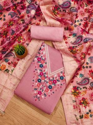 Peach Roman silk blend Embroidered Unstitched Dress Material 2