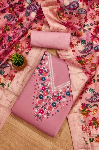 Peach Roman silk blend Embroidered Unstitched Dress Material