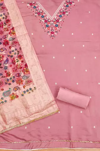 Peach Roman silk blend Embroidered Unstitched Dress Material