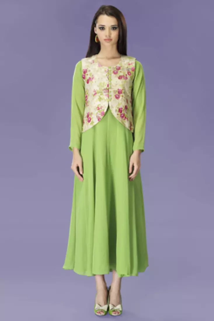 Green Chiffon Anarkali Style Tunic with Jacket