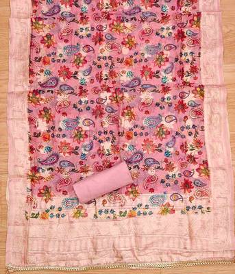 Peach Roman silk blend Embroidered Unstitched Dress Material 4