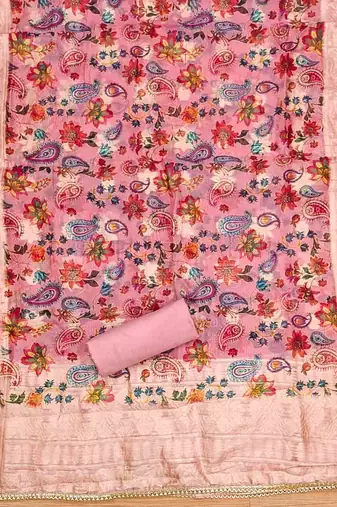 Peach Roman silk blend Embroidered Unstitched Dress Material