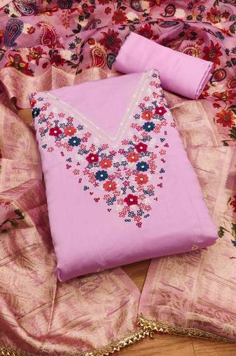 Pink Roman silk blend Embroidered Unstitched Dress Material