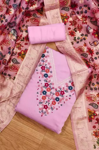 Pink Roman silk blend Embroidered Unstitched Dress Material