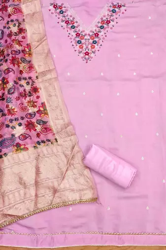 Pink Roman silk blend Embroidered Unstitched Dress Material