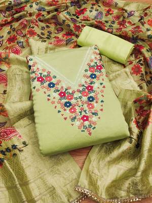 Parrot Green Roman silk blend Embroidered Unstitched Dress Material 1
