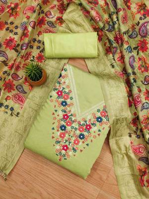 Parrot Green Roman silk blend Embroidered Unstitched Dress Material 2