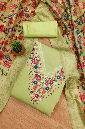Parrot Green Roman silk blend Embroidered Unstitched Dress Material