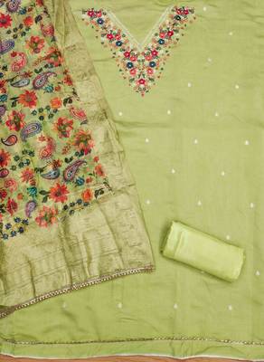 Parrot Green Roman silk blend Embroidered Unstitched Dress Material 3