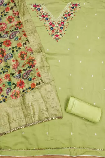 Parrot Green Roman silk blend Embroidered Unstitched Dress Material