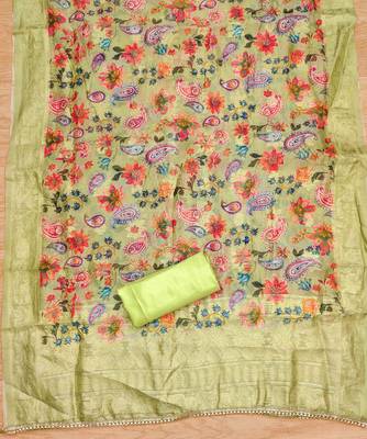 Parrot Green Roman silk blend Embroidered Unstitched Dress Material 4