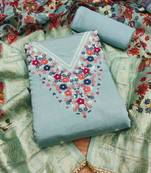 Sky Blue Roman silk blend Embroidered Unstitched Dress Material