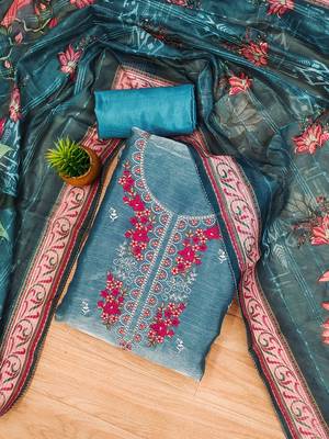 Blue Chiffon Embroidered Unstitched Dress Material 1