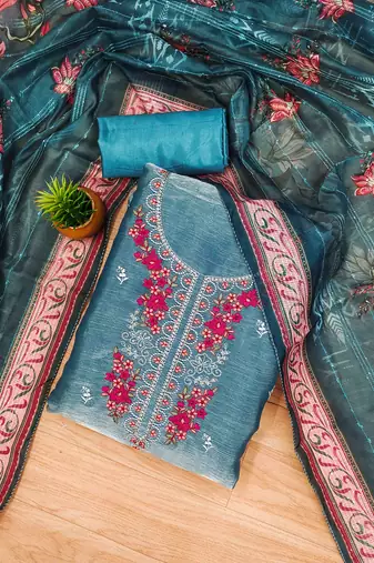 Blue Chiffon Embroidered Unstitched Dress Material