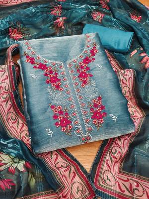 Blue Chiffon Embroidered Unstitched Dress Material 2