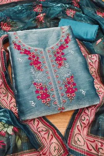 Blue Chiffon Embroidered Unstitched Dress Material