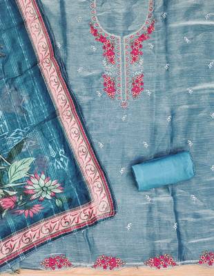 Blue Chiffon Embroidered Unstitched Dress Material 3