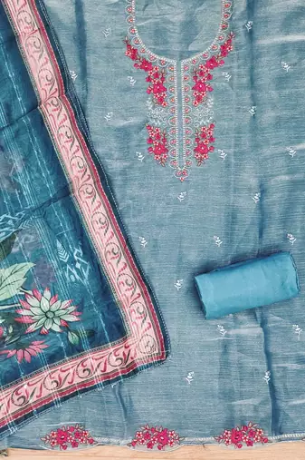 Blue Chiffon Embroidered Unstitched Dress Material