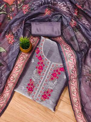 Lavender Chiffon Embroidered Unstitched Dress Material 1