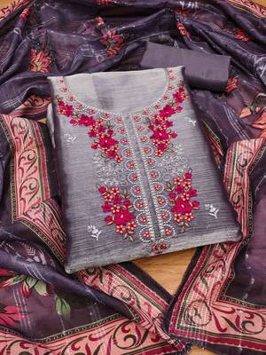 Lavender Chiffon Embroidered Unstitched Dress Material 2