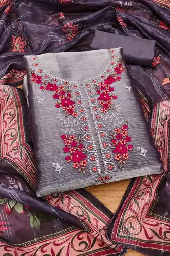 Lavender Chiffon Embroidered Unstitched Dress Material