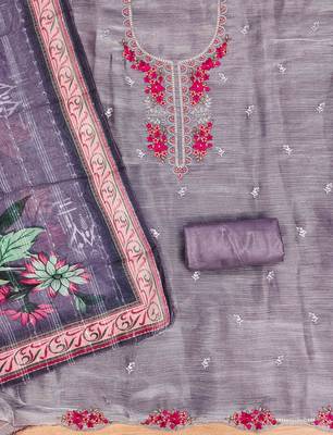 Lavender Chiffon Embroidered Unstitched Dress Material 3