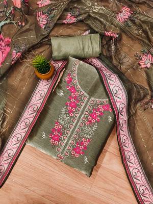 Olive Chiffon Embroidered Unstitched Dress Material 1