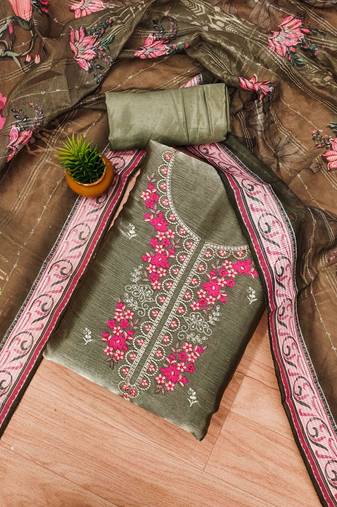 Olive Chiffon Embroidered Unstitched Dress Material