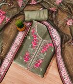 Olive Chiffon Embroidered Unstitched Dress Material