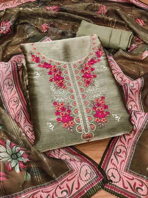 Olive Chiffon Embroidered Unstitched Dress Material 2
