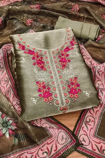 Olive Chiffon Embroidered Unstitched Dress Material