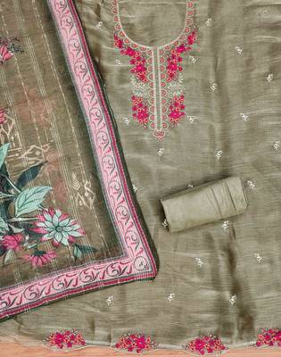 Olive Chiffon Embroidered Unstitched Dress Material 3