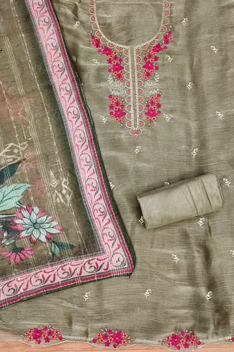 Olive Chiffon Embroidered Unstitched Dress Material