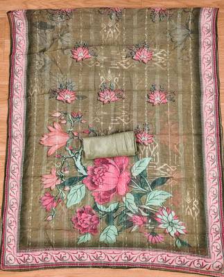 Olive Chiffon Embroidered Unstitched Dress Material 4