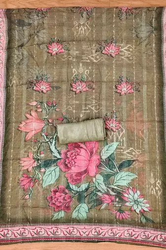 Olive Chiffon Embroidered Unstitched Dress Material