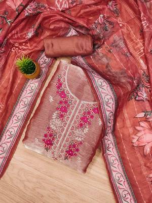 Peach Chiffon Embroidered Unstitched Dress Material 1