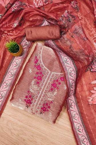 Peach Chiffon Embroidered Unstitched Dress Material