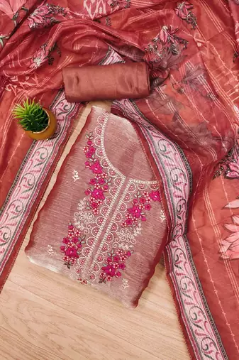 Peach Chiffon Embroidered Unstitched Dress Material
