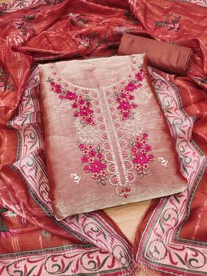 Peach Chiffon Embroidered Unstitched Dress Material 2