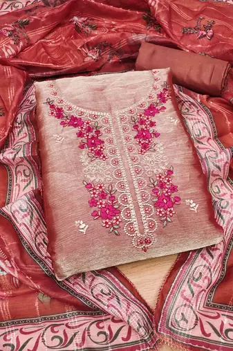 Peach Chiffon Embroidered Unstitched Dress Material