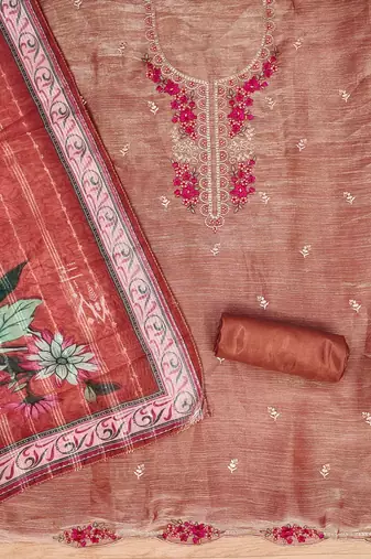 Peach Chiffon Embroidered Unstitched Dress Material