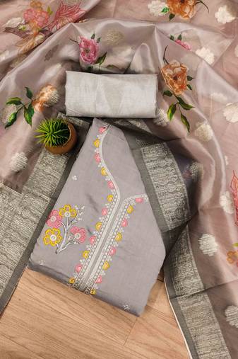 Brown Roman silk blend Chanderi Unstitched Dress Material