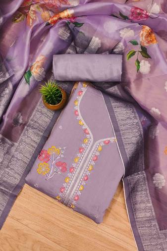 Lavender Roman silk blend Chanderi Unstitched Dress Material