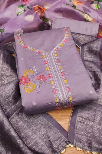 Lavender Roman silk blend Chanderi Unstitched Dress Material