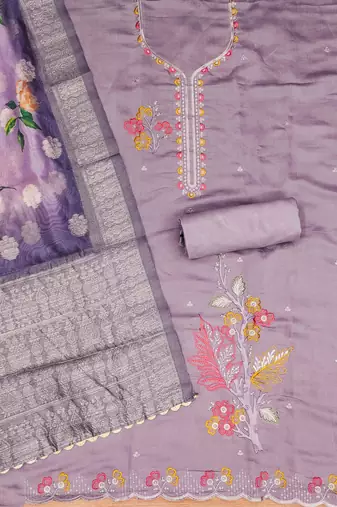 Lavender Roman silk blend Chanderi Unstitched Dress Material