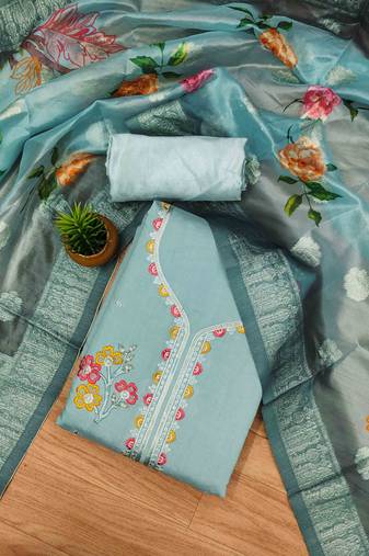 Sky Blue Roman silk blend Chanderi Unstitched Dress Material