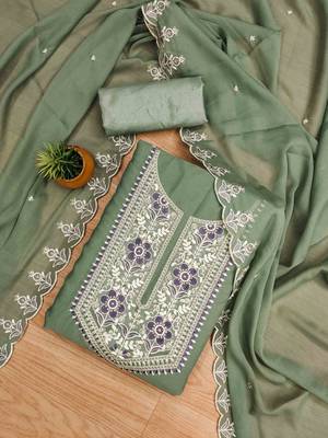 Green Georgette Embroidered Unstitched Dress Material 1