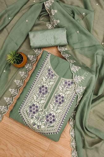 Green Georgette Embroidered Unstitched Dress Material