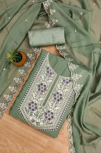 Green Georgette Embroidered Unstitched Dress Material