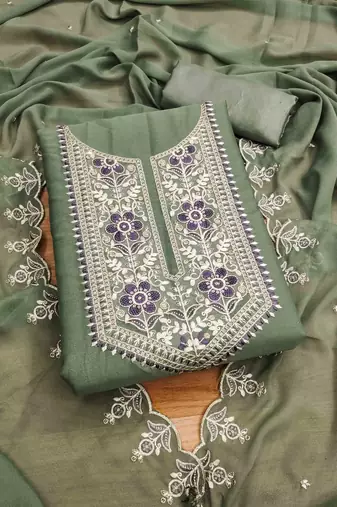Green Georgette Embroidered Unstitched Dress Material